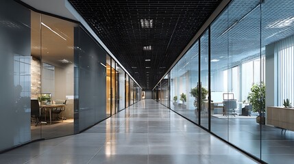Fototapete - A long office hallway, black modern ceiling tiles, polished grey floor, on one side you have a variety of offices and conference rooms with large glass windows, the hallway is long