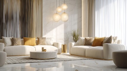 Poster - A luxurious modern living room with a minimalist design, the room features two large cream, colored sofas adorned with elegant throw pillows