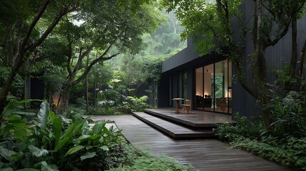 Poster - A minimalist black house with lush greenery, a wooden deck, and a calm atmosphere