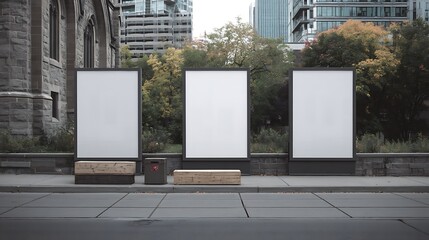Fototapete - A mockup of three billboards in different sizes, placed next to each other and against an old building facade with trees and buildings in the background