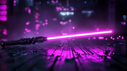 Poster - Futuristic Light Sword Glowing in Neon Colors on a Dark Urban Background 4k video footage