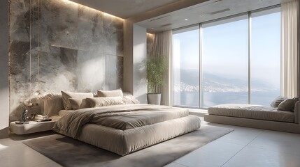 Poster - A modern bedroom with panoramic views, the walls are light gray, the ceiling is white, and the tiles are neutral, this bed is a light luxury gold edged double bed with beige velvet bedding