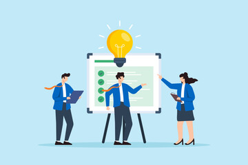 Poster - Flat illustration of business team brainstorming with checklist whiteboard and lightbulb representing collaboration and creative planning strategy