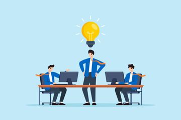 Poster - Flat illustration of confident businessman sharing bright idea during team meeting with lightbulb symbolizing innovation and leadership in office workspace