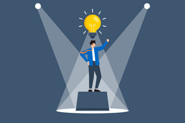 Poster - Flat illustration of businessman standing on spotlighted stage finding creative solution with glowing lightbulb symbolizing breakthrough and inspiration