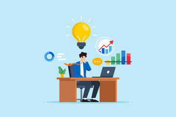 Poster - Flat illustration of businessman sitting at desk discovering new insight with bright lightbulb and analytics chart while communicating remotely via laptop with speech bubble