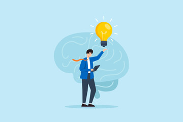 Poster - Flat illustration of businessman raising bright lightbulb while holding tablet in front of large brain symbolizing creative thinking and innovation in digital brainstorming