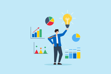Poster - Flat illustration of confident businessman sharing bright idea with lightbulb surrounded by colorful charts and infographic elements representing business strategy and analysis