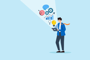 Aufkleber - Flat illustration of businessman discovering insight with tablet projecting data visualization brain target gears chart and glowing lightbulb as business solution concept