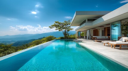 Poster - A modern villa with a stunning infinity pool overlooking a serene landscape on a clear sunny day
