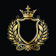 © printeye - Golden heraldic shield with crown. Heraldic Coat of Arms decorative logo isolated vector illustration. Luxury golden laurel wreath heraldic emblem template vector illustration.Heraldic Coat of Arms de