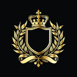 © printeye - Golden heraldic shield with crown. Heraldic Coat of Arms decorative logo isolated vector illustration. Luxury golden laurel wreath heraldic emblem template vector illustration.Heraldic Coat of Arms de