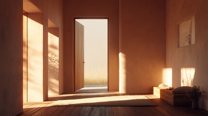 Poster - A serene interior space with warm sunlight illuminating walls and an open entrance in the afternoon