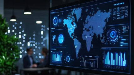 Poster - Global Data Visualization on Digital Screen in Modern Office with Business People in Background 4k video footage