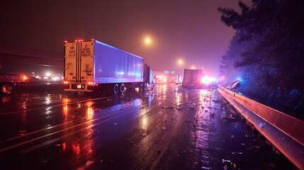 Aufkleber - A semi, trailer truck crash on a wet freeway during the night causes debris and traffic disruption