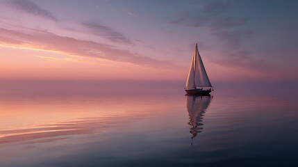 Poster - A serene sailboat gliding across calm waters during a pastel sunset on a quiet evening