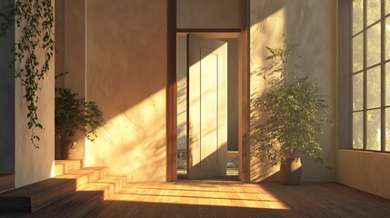 Aufkleber - A serene interior space with warm sunlight illuminating walls and an open entrance in the afternoon