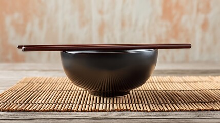 Poster - A simple black bowl with chopsticks on a bamboo mat against a soft background