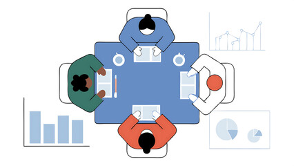 Poster - diverse professionals working on business statistics and marketing plans in corporate office top down view of discussion and financial data analysis on laptops and charts teamwork and innov 70791063 1