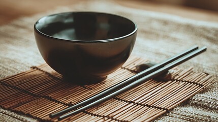 Poster - A simple black bowl with chopsticks on a bamboo mat against a soft background