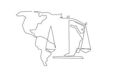 Poster - Animated self drawing of single one line drawing scales on world map background. Justice and impartiality. Importance of global. Balance. World Day of Social Justice. Full length single line animation