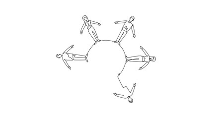 Poster - Animated self drawing of one line drawing six people standing around a globe. Collaborative. Fostering a more interconnected world. Global reach. World NGO Day. Full length single line animation