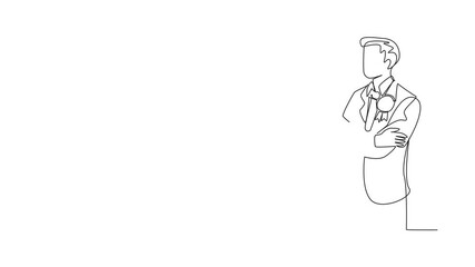 Poster - Self drawing animation of single one line drawing man in suit and tie  stands with arms crossed. Valid proof of glory. Prestige award. Achievement. Employee Appreciation Day. Full length animated
