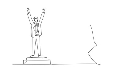 Poster - Self drawing animation of single line drawing man in suit and tie standing at podium. A pinnacle of achievement. Culmination of hard work. Dedication. Employee Appreciation Day. Full length animated