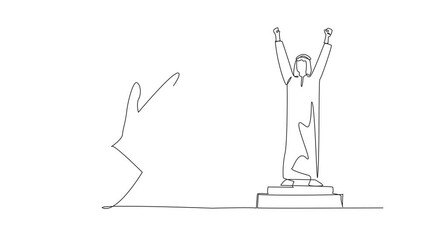 Poster - Animation of continuous one line drawing Arabian man stands on the podium. Success, achievement. Applauds. Triumph. Employee Appreciation Day. Single line self drawing animated. Full length motion