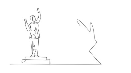 Poster - Self drawing animation of single continuous line drawing Arabian woman stands on a podium. Victorious pose. The celebration of her accomplishment. Employee Appreciation Day. Full length animated