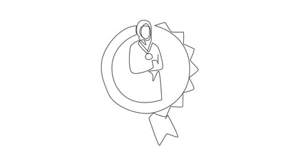 Poster - Animated self drawing of one line drawing Arabian woman crossed arm on chest while medal around neck. The diversity of human. Success. Employee Appreciation Day. Full length single line animation
