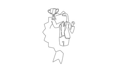 Poster - Animated self drawing of continuous line drawing woman in blazer holding trophy. Breaking gender barriers in the workplace. Professional. Employee Appreciation Day. Full length single line animation