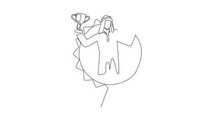 Poster - Animation of single continuous line drawing Arabian man holding trophy. Cultural achievement. Pioneering success. Level up. Employee Appreciation Day. self drawing animated. Full length motion