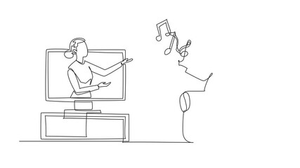 Poster - Animation of one line drawing woman comes out of television monitor holding some tone symbols. Calming tones. Relax. World Music Therapy Day. Continuous line self drawing animated. Full length motion