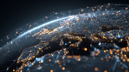 Poster - A sleek, futuristic 3d virtual globe with glowing points of light scattered across key global business hubs, including the europe cities and multiple locations luminous lines connect these points
