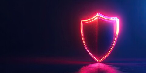 Glowing red neon shield on a dark reflective background with space for copy for cybersecurity blogs, technology sites, data protection services or security and safety articles.
