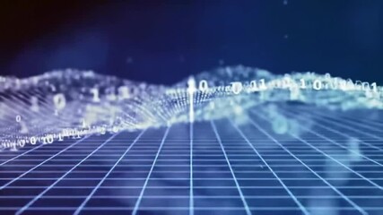 Poster - Digital Data Stream: Binary Code Flowing Over Grid in Abstract Blue Visualization