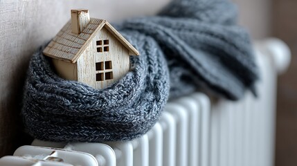Aufkleber - A small model house wrapped in a woolen scarf on a radiator symbolizes warmth and energy efficiency during cold months
