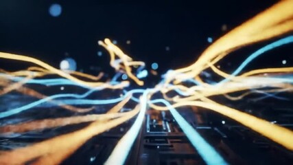 Poster - Abstract Circuit Board with Flowing Orange and Blue Light Streams Animation