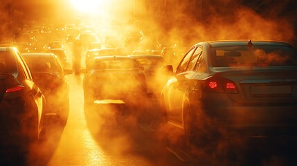 Leinwandbilder - A sunlit scene showing cars stuck in traffic, emitting exhaust fumes against a backdrop of warm, glowing light