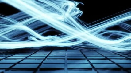 Poster - Ethereal Blue Light Streaks Flowing Above a Tiled Surface in a Dark Abstract Video