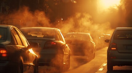 Fototapete - A sunlit scene showing cars stuck in traffic, emitting exhaust fumes against a backdrop of warm, glowing light