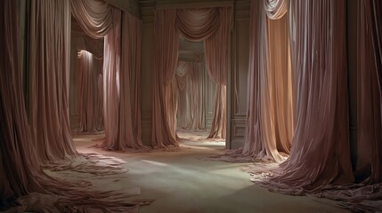 Aufkleber - A surreal, by large pink curtains flowing down the walls of a grand room, the floor is smooth and muted in tones of beige, with traces of motion, perhaps suggesting figures or shadows moving faintly