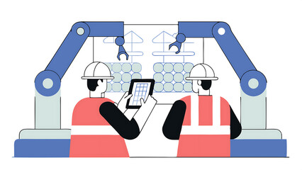 Poster - two engineers in safety vests use a tablet to interact with holographic data in a high tech factory activate ai facility analysis advanced machinery digital interfaces futuristic manufactur 66213764 1