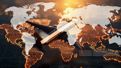 Poster - Airplane Flying Over a Digital World Map with Sunset Orange Glow and Global Connectivity Concept 4k video footage