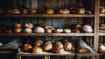 Poster - A variety of freshly baked bread arranged on wooden shelves in a rustic bakery filled with warmth and aroma