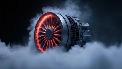 Poster - Turbine Engine Close-Up with Glowing Red Lighting and Smoke Effects for Futuristic Conceptual Imagery 4k video footage