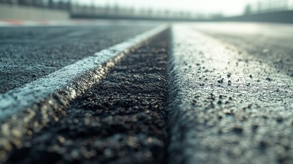Wall Mural - this close-up shot captures the edge of an empty f1 track, showcasing the smooth asphalt surface and