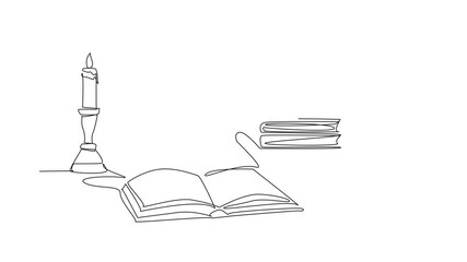 Poster - Animation of continuous one line drawing of open book, quill and a lit candle in a candlestick. Reading. Studying. Learning. Writing. Increase knowledge. World Candle Day. Full length motion
