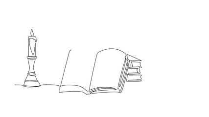 Poster - Self drawing animation of single continuous line drawing a burning candle in a candlestick. Old style of learning and writing. Increasing knowledge. Education. World Candle Day. Full length animated